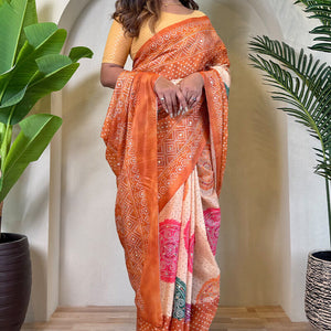 Elision Peach Digital Printed Tissue Silk Saree With Scintilla Blouse Piece