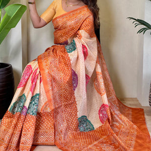 Elision Peach Digital Printed Tissue Silk Saree With Scintilla Blouse Piece