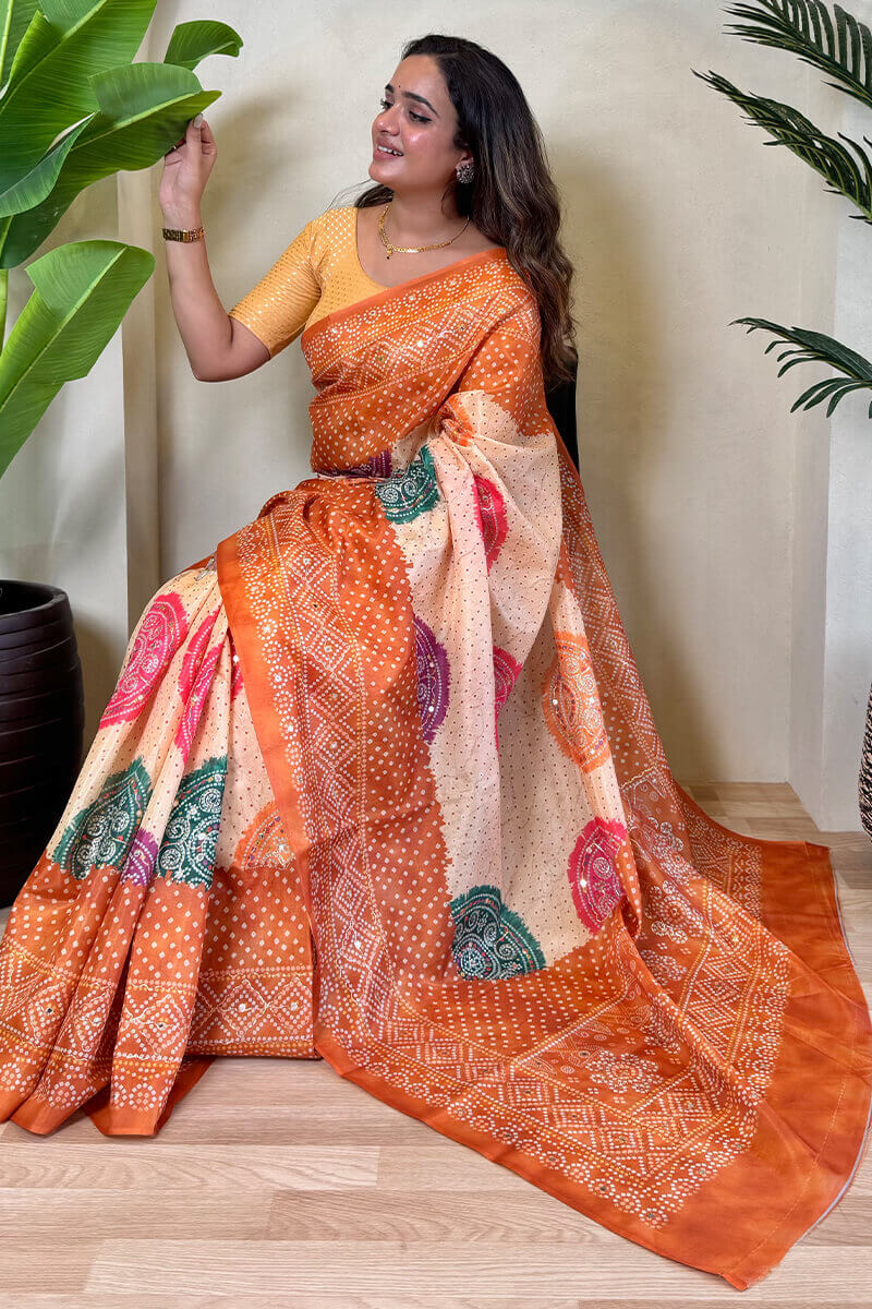 Elision Peach Digital Printed Tissue Silk Saree With Scintilla Blouse Piece