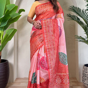 Prominent Pink Digital Printed Tissue Silk Saree With Forbearance Blouse Piece