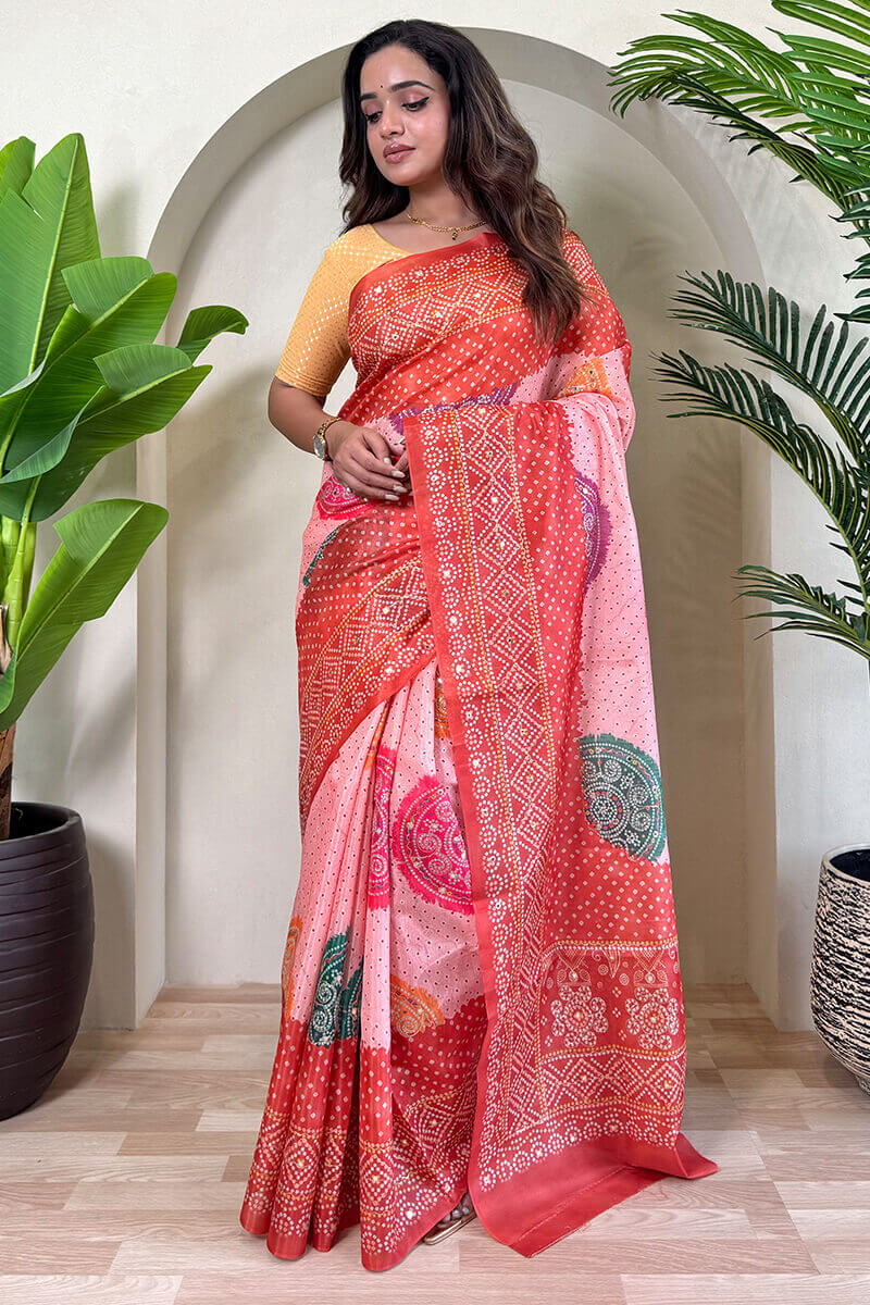 Prominent Pink Digital Printed Tissue Silk Saree With Forbearance Blouse Piece
