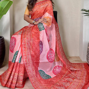 Prominent Pink Digital Printed Tissue Silk Saree With Forbearance Blouse Piece