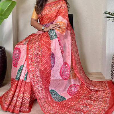 Prominent Pink Digital Printed Tissue Silk Saree With Forbearance Blouse Piece