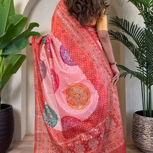Prominent Pink Digital Printed Tissue Silk Saree With Forbearance Blouse Piece