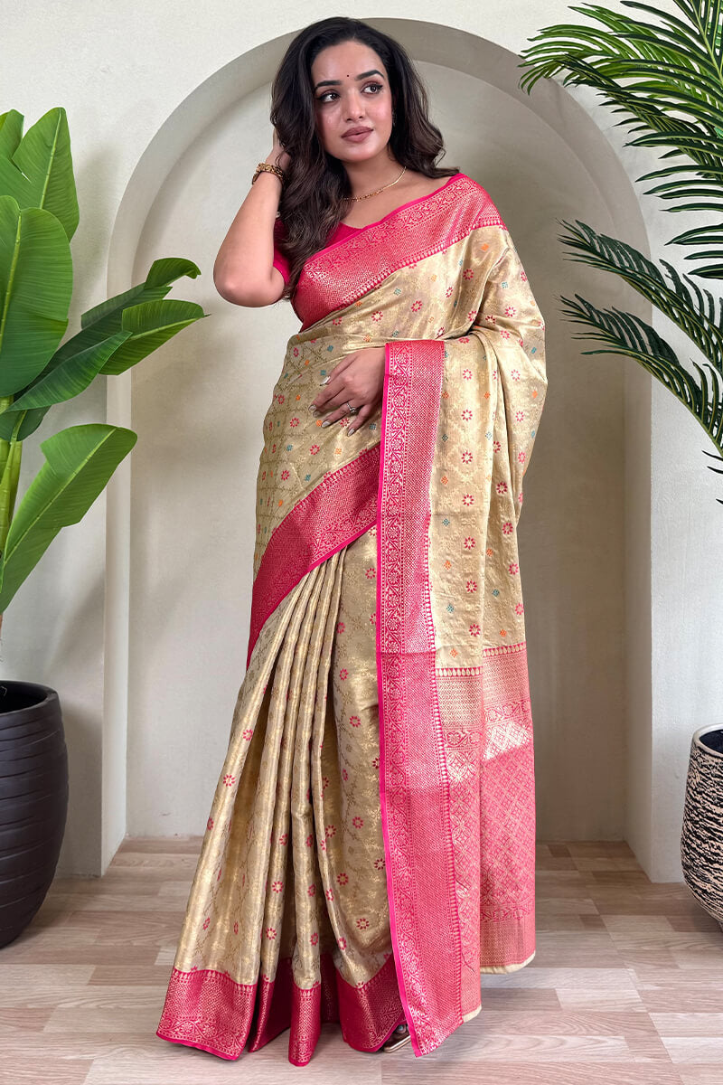 Ebullience Beige Soft Banarasi Tissue Silk Saree With Murmurous Blouse Piece