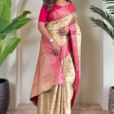 Ebullience Beige Soft Banarasi Tissue Silk Saree With Murmurous Blouse Piece