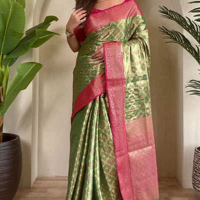 Groovy Green Soft Banarasi Tissue Silk Saree With Vivacious Blouse Piece