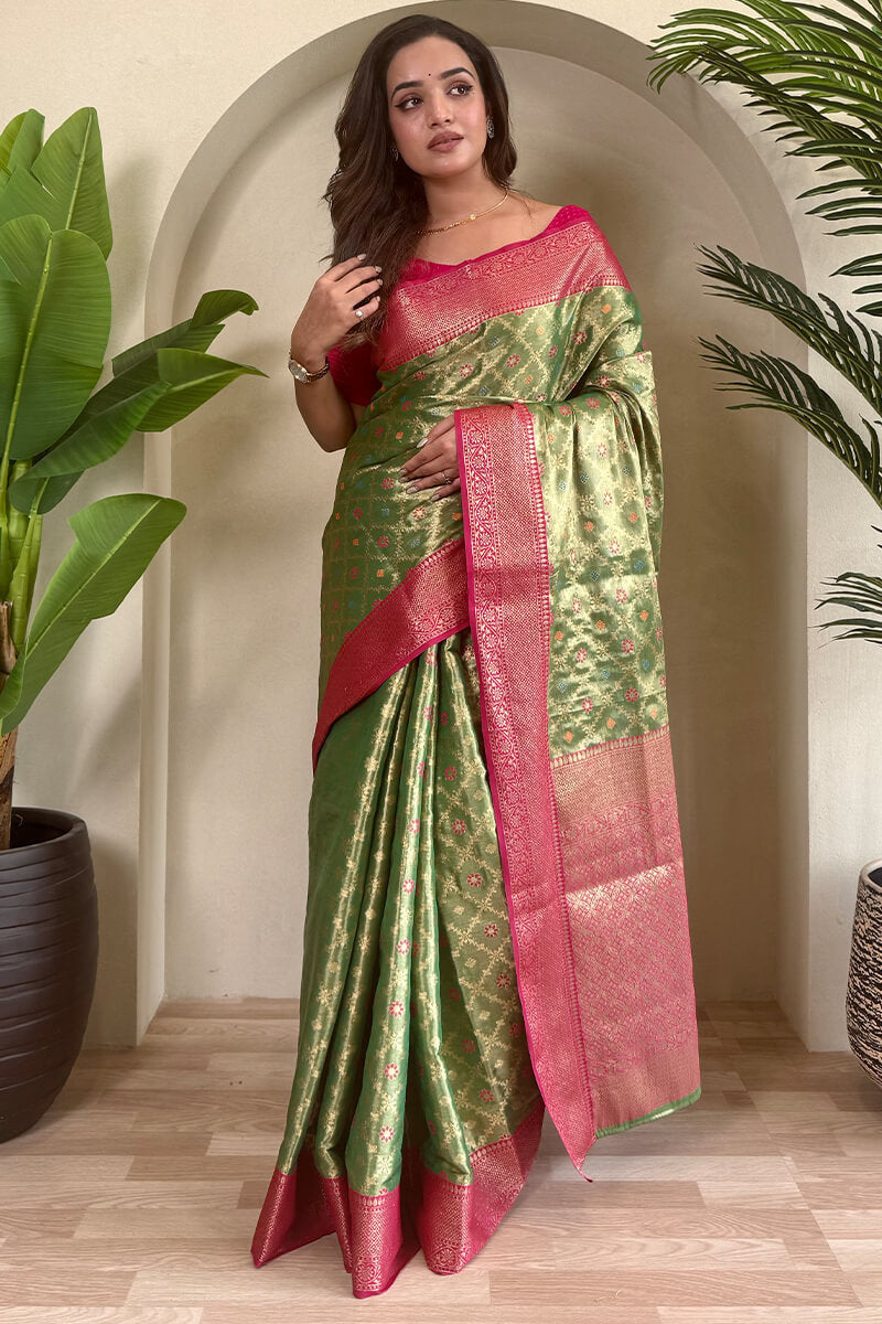 Groovy Green Soft Banarasi Tissue Silk Saree With Vivacious Blouse Piece