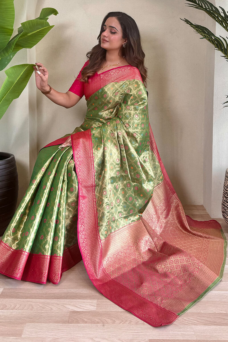 Groovy Green Soft Banarasi Tissue Silk Saree With Vivacious Blouse Piece