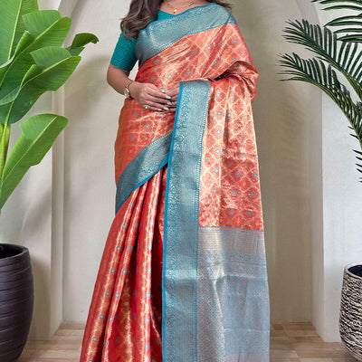 Nectarous Peach Soft Banarasi Tissue Silk Saree With Classic Blouse Piece