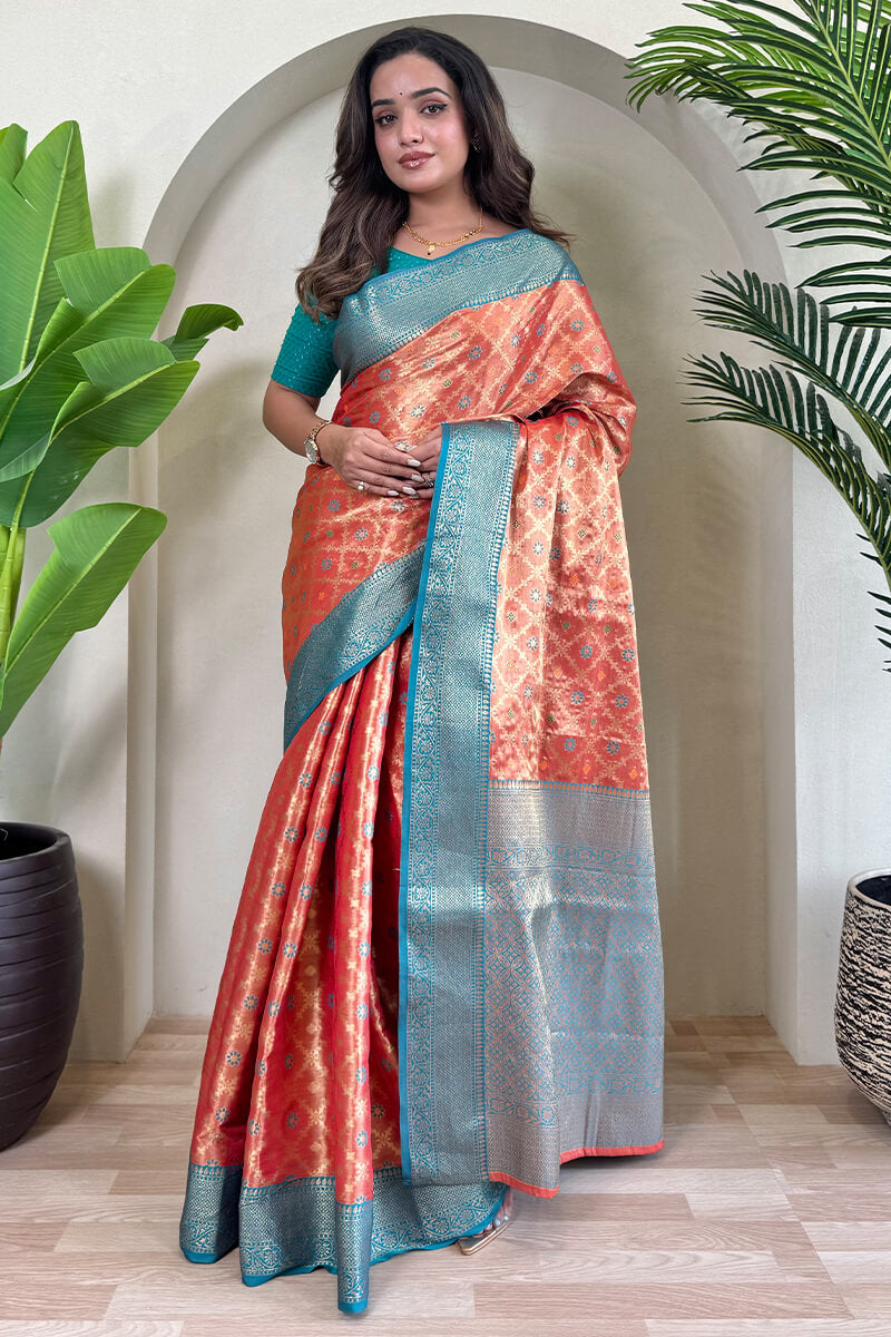 Nectarous Peach Soft Banarasi Tissue Silk Saree With Classic Blouse Piece