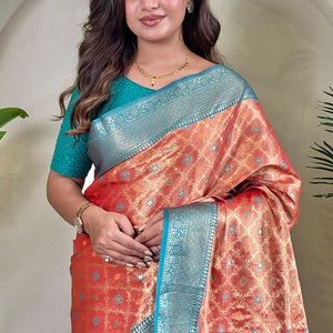 Nectarous Peach Soft Banarasi Tissue Silk Saree With Classic Blouse Piece