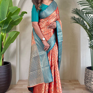Nectarous Peach Soft Banarasi Tissue Silk Saree With Classic Blouse Piece