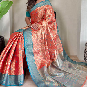 Nectarous Peach Soft Banarasi Tissue Silk Saree With Classic Blouse Piece