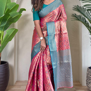 Exquisite Pink Soft Banarasi Tissue Silk Saree With Mesmerising Blouse Piece