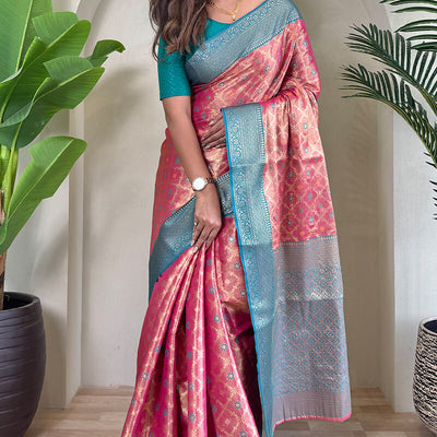 Exquisite Pink Soft Banarasi Tissue Silk Saree With Mesmerising Blouse Piece