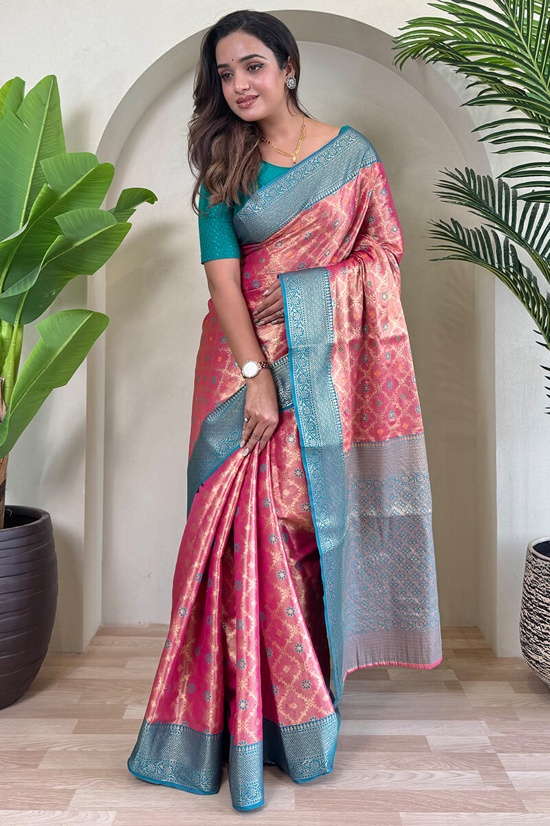 Exquisite Pink Soft Banarasi Tissue Silk Saree With Mesmerising Blouse Piece