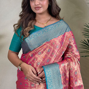 Exquisite Pink Soft Banarasi Tissue Silk Saree With Mesmerising Blouse Piece