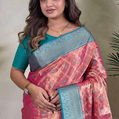 Exquisite Pink Soft Banarasi Tissue Silk Saree With Mesmerising Blouse Piece