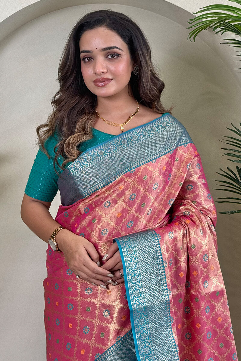 Exquisite Pink Soft Banarasi Tissue Silk Saree With Mesmerising Blouse Piece