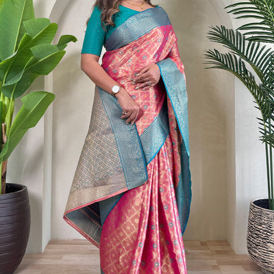 Exquisite Pink Soft Banarasi Tissue Silk Saree With Mesmerising Blouse Piece