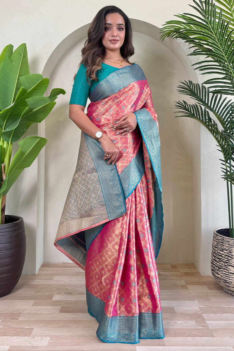 Exquisite Pink Soft Banarasi Tissue Silk Saree With Mesmerising Blouse Piece