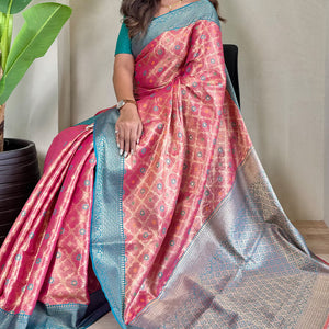 Exquisite Pink Soft Banarasi Tissue Silk Saree With Mesmerising Blouse Piece