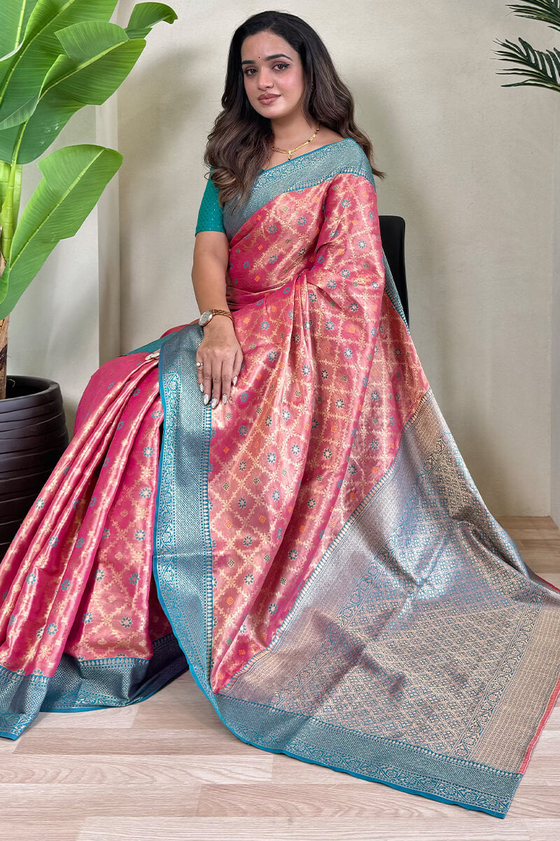 Exquisite Pink Soft Banarasi Tissue Silk Saree With Mesmerising Blouse Piece