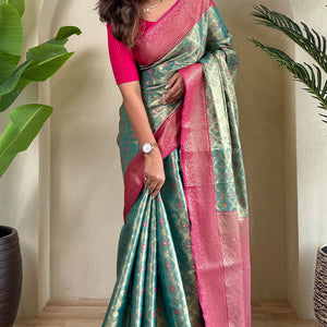 Bewitching Sea Green Soft Banarasi Tissue Silk Saree With Vivacious Blouse Piece