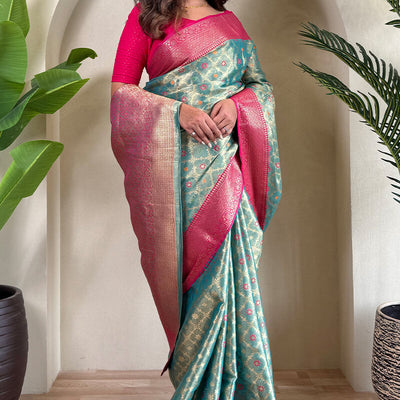 Bewitching Sea Green Soft Banarasi Tissue Silk Saree With Vivacious Blouse Piece