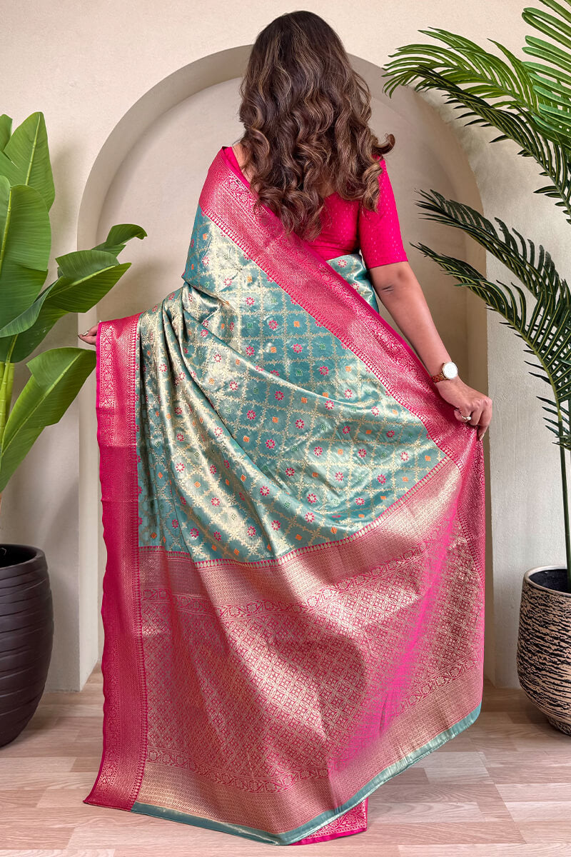 Bewitching Sea Green Soft Banarasi Tissue Silk Saree With Vivacious Blouse Piece