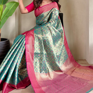 Bewitching Sea Green Soft Banarasi Tissue Silk Saree With Vivacious Blouse Piece