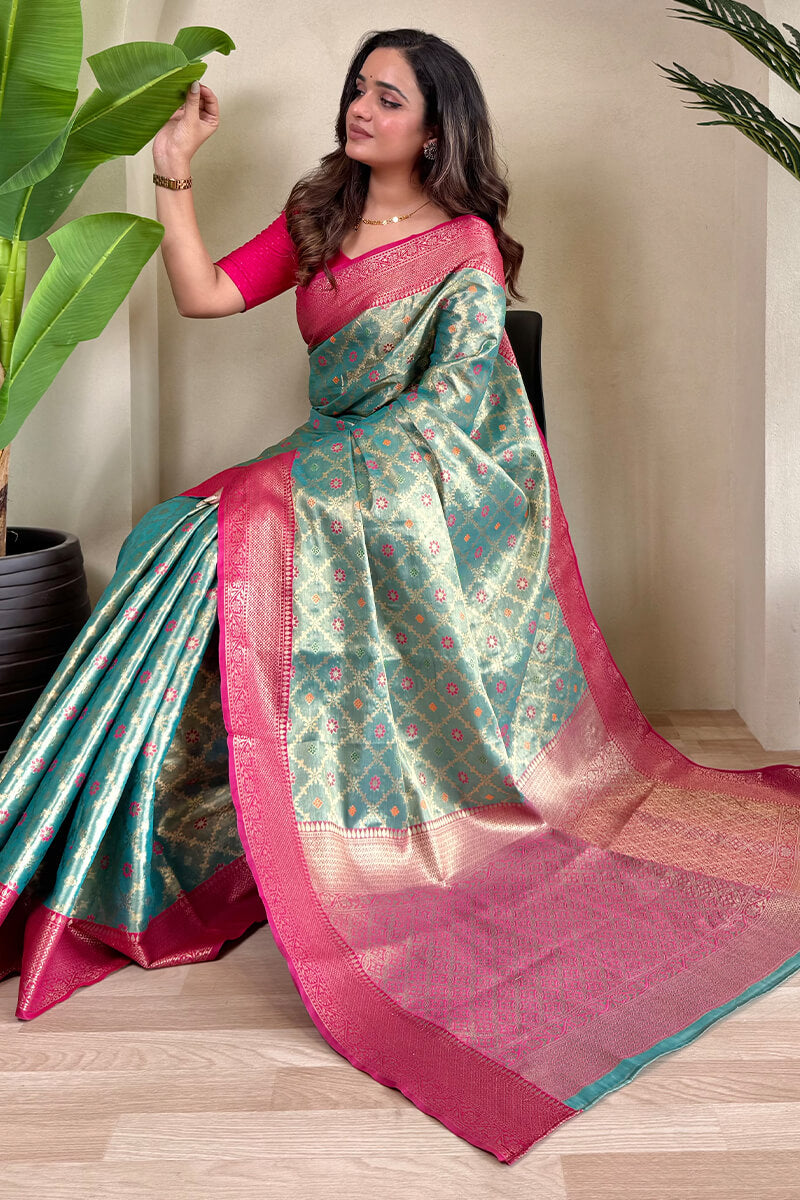 Bewitching Sea Green Soft Banarasi Tissue Silk Saree With Vivacious Blouse Piece