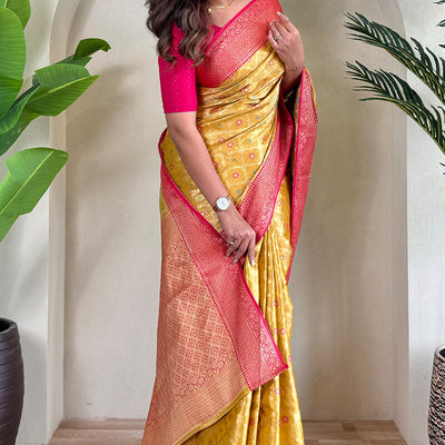 Staring Yellow Soft Banarasi Tissue Silk Saree With Ravishing Blouse Piece