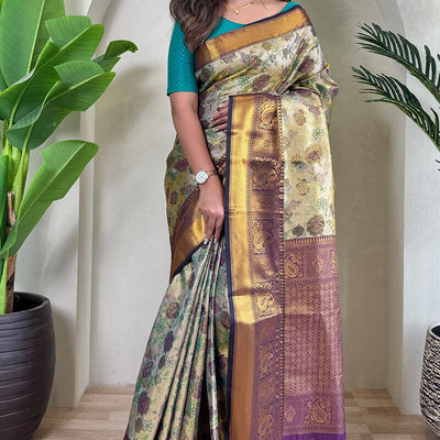 Imaginative Beige and Blue Kanjivaram Silk Saree With Refreshing Blouse Piece