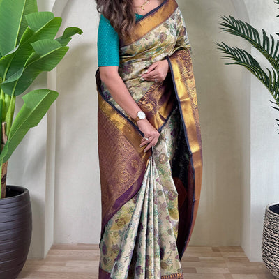 Imaginative Beige and Blue Kanjivaram Silk Saree With Refreshing Blouse Piece