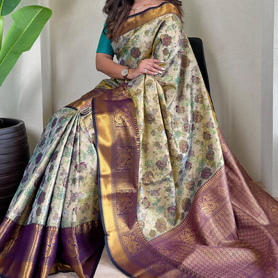 Imaginative Beige and Blue Kanjivaram Silk Saree With Refreshing Blouse Piece