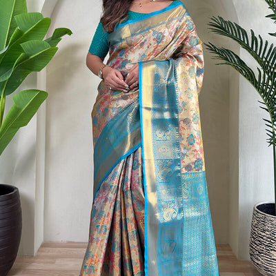 Desirable Beige and Firozi Kanjivaram Silk Saree With Staring Blouse Piece