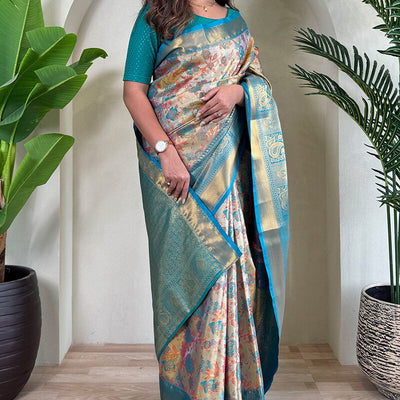 Desirable Beige and Firozi Kanjivaram Silk Saree With Staring Blouse Piece