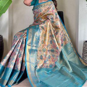 Desirable Beige and Firozi Kanjivaram Silk Saree With Staring Blouse Piece