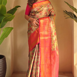 Enthralling Beige and Pink Kanjivaram Silk Saree With Susurrous Blouse Piece