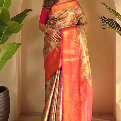 Enthralling Beige and Pink Kanjivaram Silk Saree With Susurrous Blouse Piece
