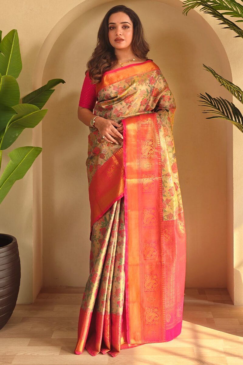 Enthralling Beige and Pink Kanjivaram Silk Saree With Susurrous Blouse Piece