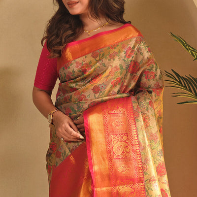 Enthralling Beige and Pink Kanjivaram Silk Saree With Susurrous Blouse Piece