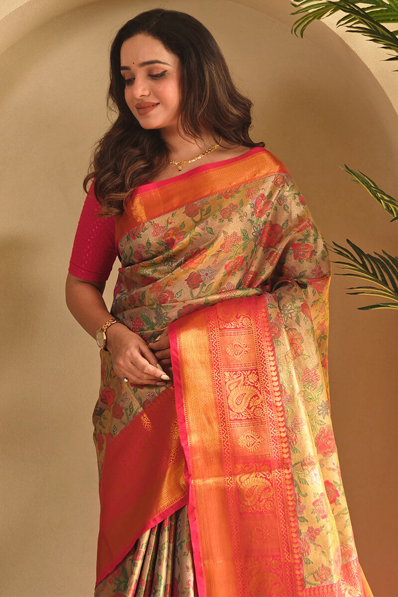 Enthralling Beige and Pink Kanjivaram Silk Saree With Susurrous Blouse Piece