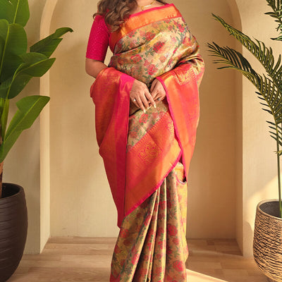 Enthralling Beige and Pink Kanjivaram Silk Saree With Susurrous Blouse Piece