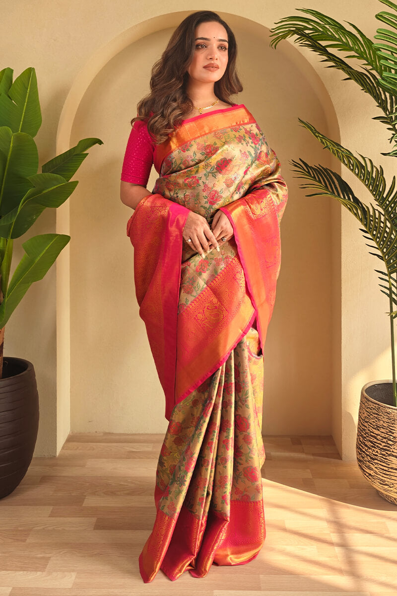 Enthralling Beige and Pink Kanjivaram Silk Saree With Susurrous Blouse Piece