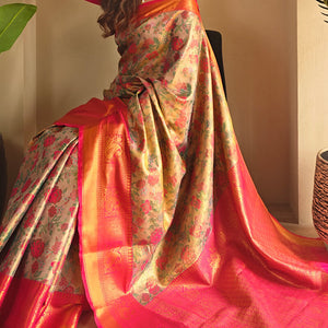 Enthralling Beige and Pink Kanjivaram Silk Saree With Susurrous Blouse Piece