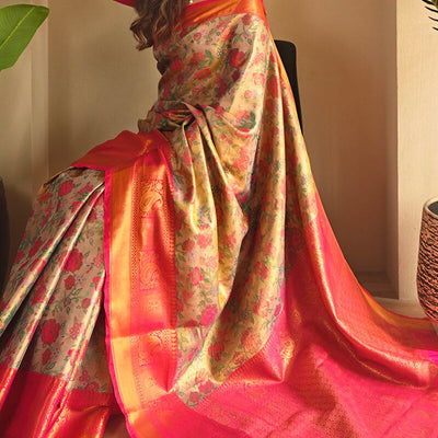 Enthralling Beige and Pink Kanjivaram Silk Saree With Susurrous Blouse Piece