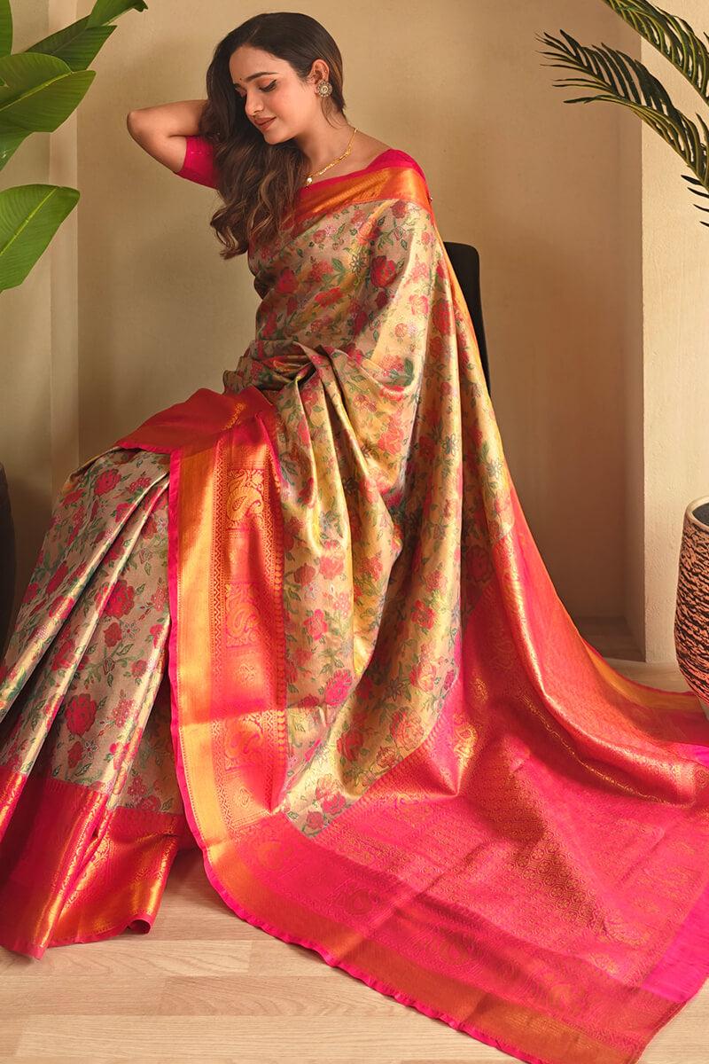 Enthralling Beige and Pink Kanjivaram Silk Saree With Susurrous Blouse Piece